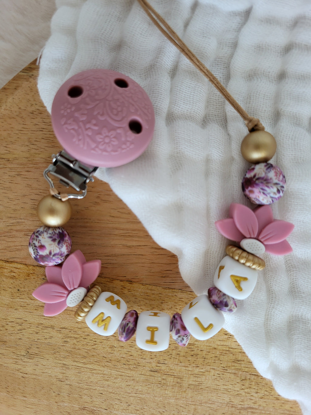 Attache-tétine clip relief,  rose et doré